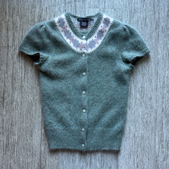 Ralph Lauren Sage Green Fair Isle Rabbits Hair/Lambs Wool Cardigan Size Small - Picture 1 of 8